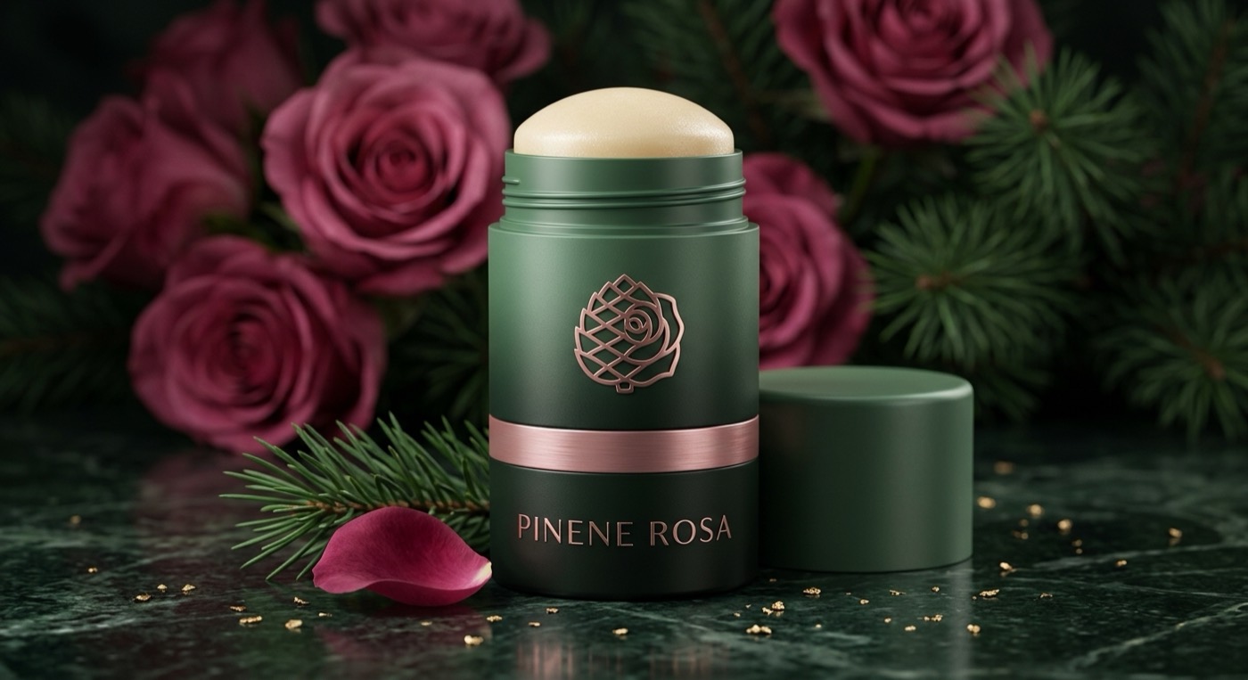 PINENE ROSA katı parfüm stick'i, güller ve çam dalları arasında